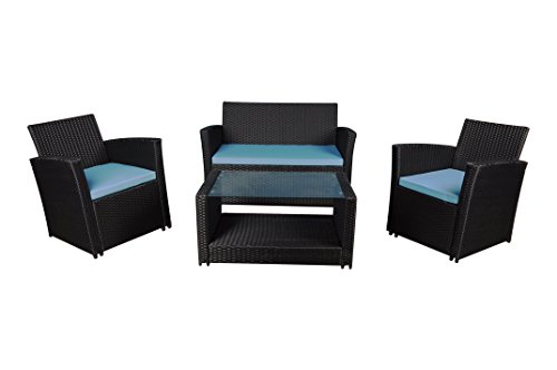 Modern Outdoor Garden, Patio 4 Piece Set - Wicker Sofa Furniture Set (Black / Blue)