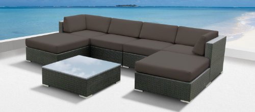 Luxxella Outdoor Patio Wicker MALLINA Sofa Sectional Furniture 7pc All Weather Couch Set DARK GREY