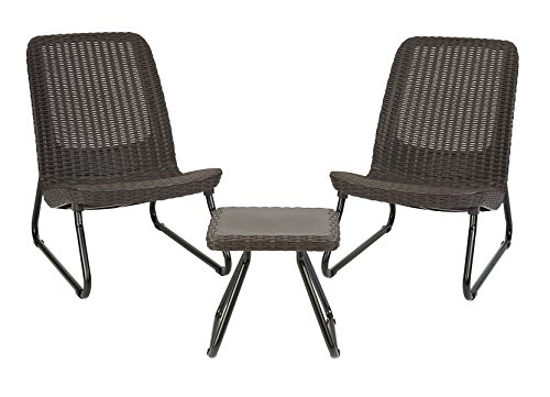 Keter Rio 3 Pc All Weather Outdoor Patio Garden Conversation Chair & Table Set Furniture, Brown