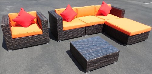 Six 6 Piece Rattan Outdoor Sofa Patio Garden Couch Furniture Set with 2 Free Red Throw Pillows