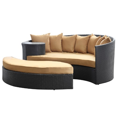LexMod Taiji Outdoor Wicker Patio Daybed with Ottoman in Espresso with Mocha Cushions