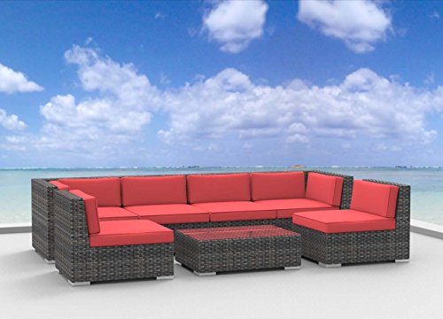 Urban Furnishing.net - OAHU 7pc Modern Outdoor Backyard Wicker Rattan Patio Furniture Sofa Sectional Couch Set - Coral Red