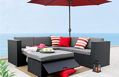 Baner Garden (K35) 4 Pieces Outdoor Furniture Complete Patio Wicker Rattan Garden Corner Sofa Couch Set, Full, Black