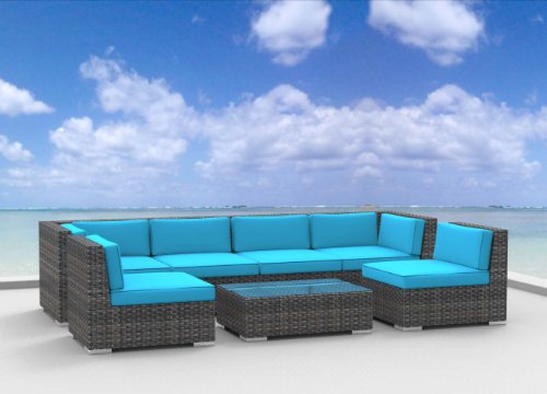 Urban Furnishing - OAHU 7pc Modern Outdoor Backyard Wicker Rattan Patio Furniture Sofa Sectional Couch Set - Sea Blue
