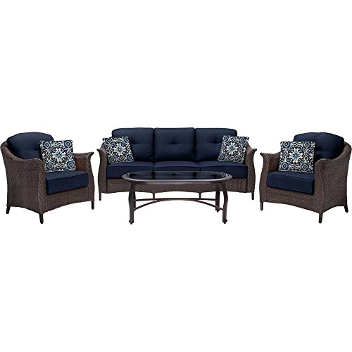Hanover Outdoor Furniture Gramercy 4-Piece Wicker Patio Seating Set, Navy Blue