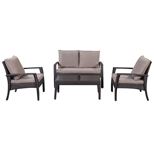 Giantex 4pc Patio Rattan Furniture Set Tea Table &Chairs Outdoor Garden Steel Frame