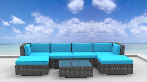 Urban Furnishing - MAUI 7pc Modern Outdoor Backyard Wicker Rattan Patio Furniture Sofa Sectional Couch Set - Sea Blue