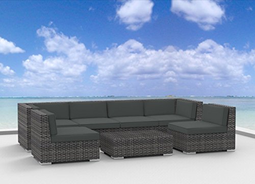 Urban Furnishing.net - OAHU 7pc Modern Outdoor Backyard Wicker Rattan Patio Furniture Sofa Sectional Couch Set - Charcoal (Gray)