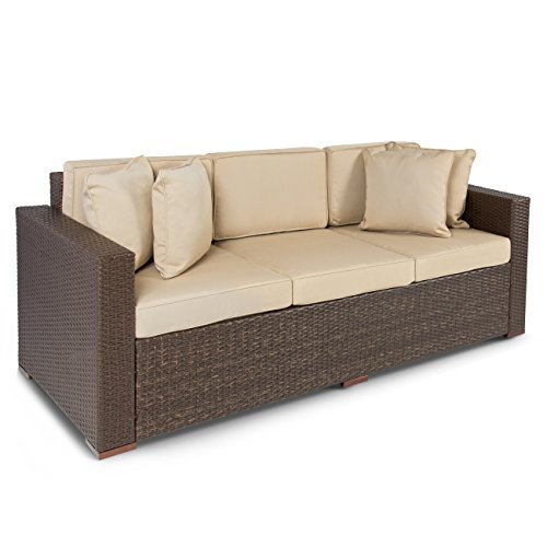 Best ChoiceProducts Outdoor Wicker Patio Furniture Sofa 3 Seater Luxury Comfort Brown Wicker Couch