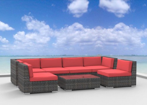 Urban Furnishing - OAHU 7pc Modern Outdoor Backyard Wicker Rattan Patio Furniture Sofa Sectional Couch Set - Coral Red