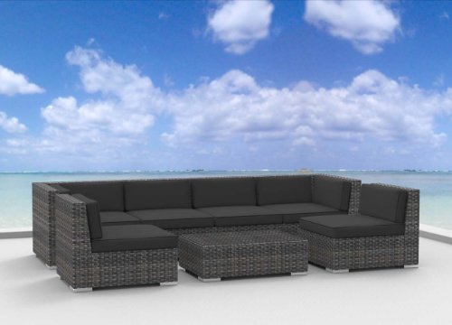 Urban Furnishing - OAHU 7pc Modern Outdoor Backyard Wicker Rattan Patio Furniture Sofa Sectional Couch Set - Charcoal