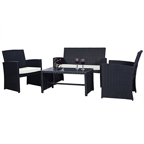 Goplus 4 PC Rattan Patio Furniture Set Garden Lawn Sofa Cushioned Seat Wicker Sofa (Black)