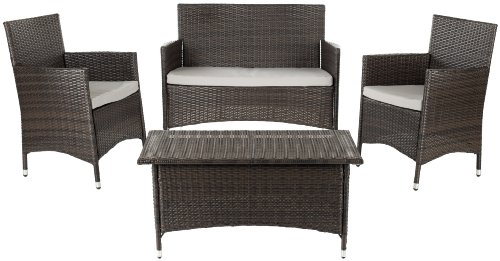 Safavieh Home Collection Briana Brown Outdoor Living Wicker Patio Set with Grey Cushions, 4-Piece