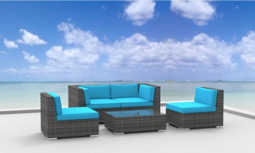 Urban Furnishing - RIO 5pc Modern Outdoor Backyard Wicker Rattan Patio Furniture Sofa Sectional Couch Set - Sea Blue