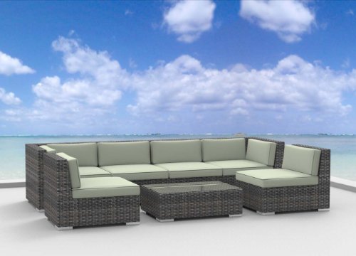Urban Furnishing - OAHU 7pc Modern Outdoor Backyard Wicker Rattan Patio Furniture Sofa Sectional Couch Set - beige