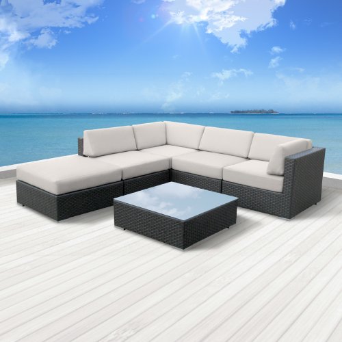 Luxxella Outdoor Patio Wicker BERUNI Off White Sofa Sectional Furniture 6pc All Weather Couch Set