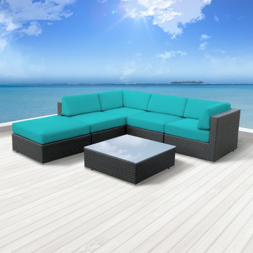 Luxxella Outdoor Patio Wicker Beruni Turquoise Sofa Sectional Furniture 6pc All Weather Couch Set