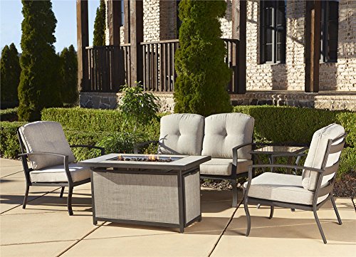 Cosco Outdoor 5 Piece Serene Ridge Aluminum Patio Furniture Conversation Set with Cushions and Aluminum Gas Fire Pit Table, Dark Brown