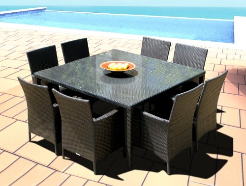 Outdoor Patio Wicker Furniture New Resin 9 Pc Square Dining Table & Chairs Set