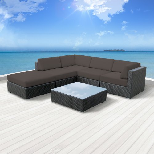 Luxxella Outdoor Patio Wicker BERUNI Dark Grey Sofa Sectional Furniture 6pc All Weather Couch Set