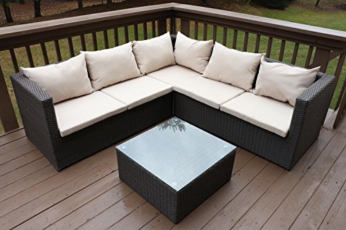 Oliver Smith - Large 4 Pc Modern Rattan Wiker Sectional Sofa Set Outdoor Patio Furniture - Fully Assembled - Aluminum Frame with Ottoman - 908 Light Beige