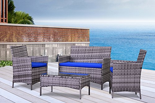The French Riviera Collection - 4 Pc Outdoor Rattan Wicker Sofa Patio Furniture Set. Choice of Set & Cushion Color (Mixed Grey / Dazzling Blue Cushions)