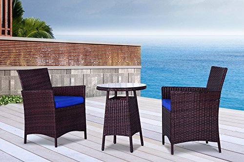 The San Tropez Collection - 3 Pc Outdoor Rattan Wicker Sofa Patio Furniture Set. Choice of Set & Cushion Color (Mixed Brown / Dazzling Blue Cushions)