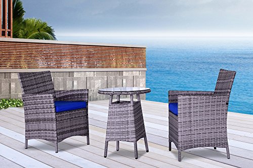 The San Tropez Collection - 3 Pc Outdoor Rattan Wicker Sofa Patio Furniture Set. Choice of Set & Cushion Color (Mixed Grey / Dazzling Blue Cushions)