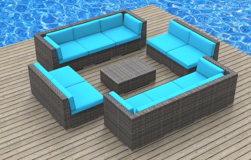 Urban Furnishing - BERMUDA 11pc Modern Outdoor Backyard Wicker Rattan Patio Furniture Sofa Sectional Couch Set - sea blue