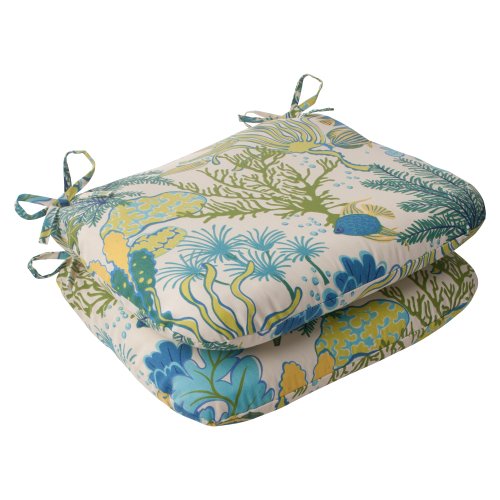 Pillow Perfect Indoor/Outdoor Splish Splash Rounded Seat Cushion, Blue, Set of 2