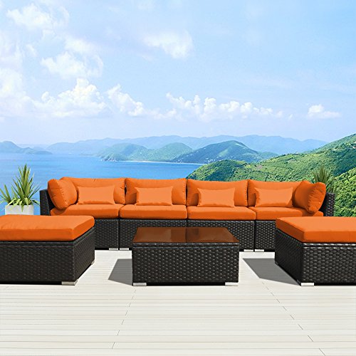 Modenzi 7C-U Outdoor Sectional Patio Furniture Espresso Brown Wicker Sofa Set (Orange)