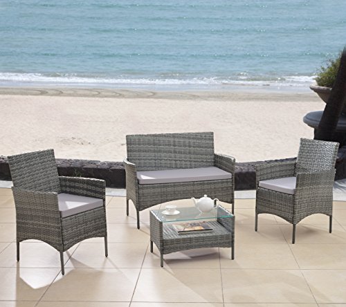 Modern Outdoor Garden, Patio 4 Piece Seat - Grey, Dark Espresso Wicker Sofa Furniture Set (Grey)