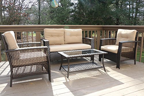 Oliver Smith - Large 4 Pc High Back Rattan Wiker Sofa Set Outdoor Patio Furniture - Aluminum Frame with Ottoman - 9518 Beige
