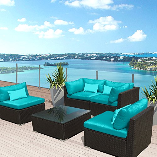Modenzi 5G-U Outdoor Sectional Patio Furniture Espresso Brown Wicker Sofa Set (Turquoise)