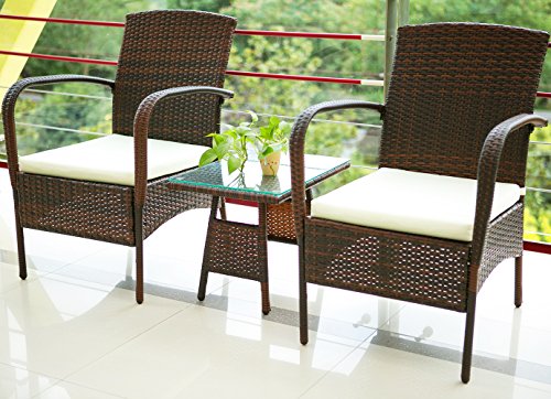 Merax 3 Piece Cushioned Patio PE Rattan Furniture Set Outdoor Garden Wicker Set with Beige Cushions (Brown)