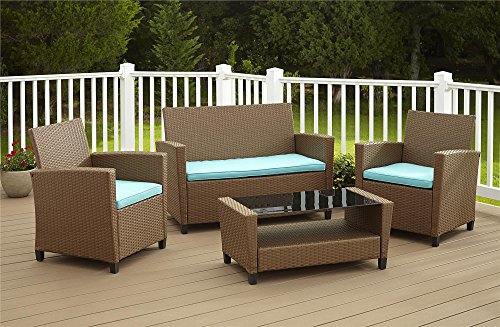 Cosco Products 4 Piece Malmo Resin Wicker patio Set - Brown with Teal Cushions