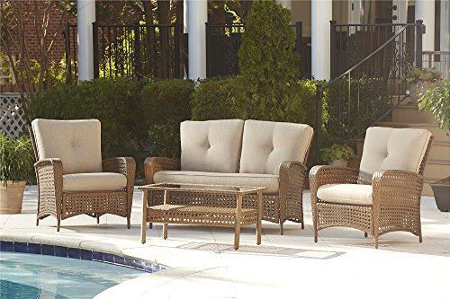 Cosco Outdoor 4 Piece Lakewood Ranch Steel Woven Wicker Patio Furniture Conversation Set with Cushions and Coffee Table, Brown