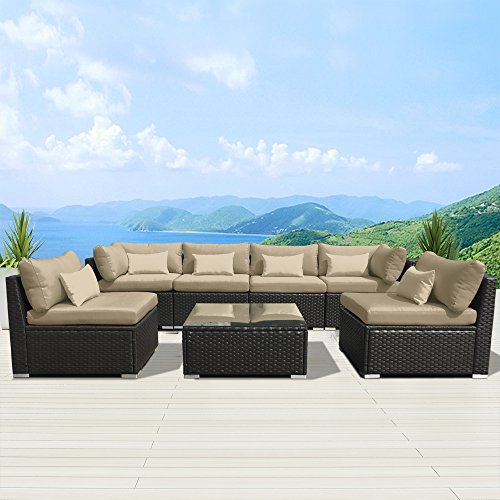 Modenzi 7G-U Outdoor Sectional Patio Furniture Espresso Brown Wicker Sofa Set (Light Beige)