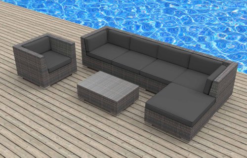 Urban Furnishing - LANAI 7pc Modern Outdoor Backyard Wicker Rattan Patio Furniture Sofa Sectional Couch Set - Charcoal