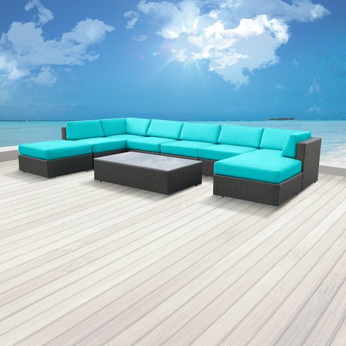 Luxxella Outdoor Patio Wicker MALLINA Sofa Sectional Furniture 9pc All Weather Couch Set TURQUOISE