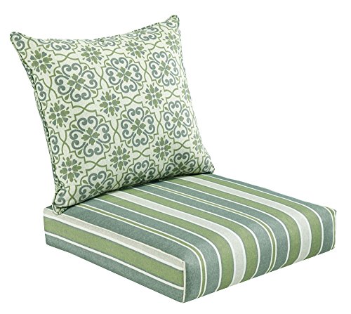 Bossima Indoor/Outdoor Green/Grey Damask/Striped Deep Seat Chair Cushion Set.Spring/Summer Seasonal Replacement Cushions.