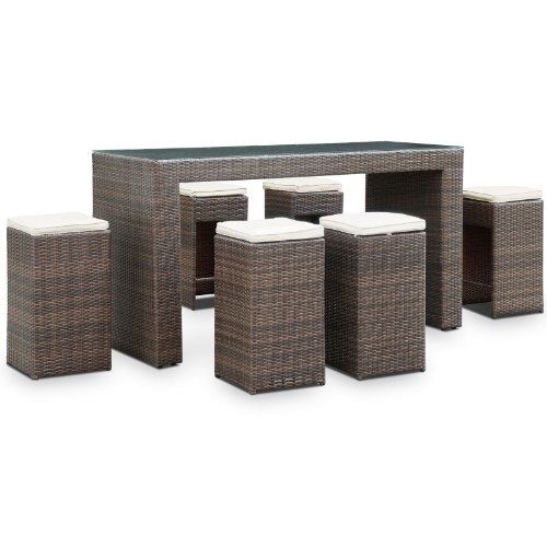 LexMod Cubed Outdoor Wicker Patio Pub Table and Dark Brown 6-Stool Set with White Cushions