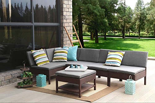 Baner Garden (K55-BR) 6 Pieces Outdoor Furniture Complete Patio Cushion Wicker Rattan Garden Corner Sofa Couch Set, Full, Brown