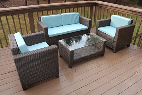 Oliver Smith - Large 4 Pc Modern Rattan Wiker Sofa Set Outdoor Patio Furniture - Aluminum Frame with Ottoman - 1127 Light Blue