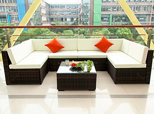Merax 7 Piece Cushioned Outdoor Patio PE Rattan Furniture Set Sectional Garden furniture(Beige.)