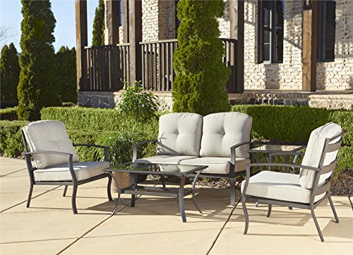 Cosco Outdoor 5 Piece Serene Ridge Aluminum Patio Furniture Conversation Set with Cushions and Coffee Table, Dark Brown
