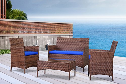 The French Riviera Collection - 4 Pc Outdoor Rattan Wicker Sofa Patio Furniture Set. Choice of Set & Cushion Color (Light Brown / Dazzling Blue Cushions)