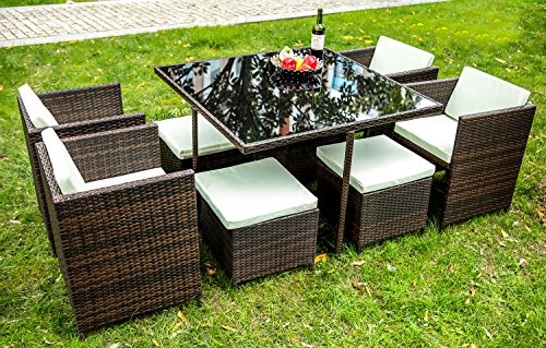 Merax 9 PCS Rattan Cube Garden Furniture Set Dining Set Outdoor wicker Cushioned Chair and Ottoman Rattan Patio Set (Brown)