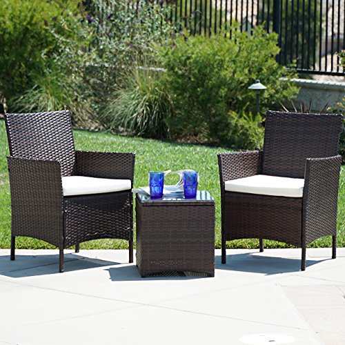 Belleze 3PC Patio Outdoor Rattan Furniture Set Cushioned Garden Table and Chairs w/ Cushions, Brown