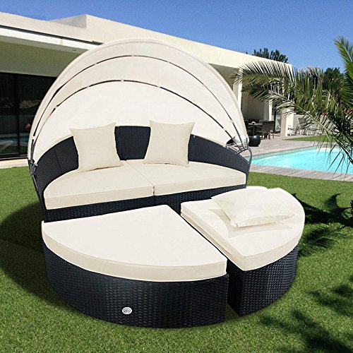 Cloud Mountain 4 PC Cushioned Wicker Daybed Outdoor Wicker Rattan Patio Daybed Set Garden Lawn Rattan Sofa Furniture Round Retractable Canopy Daybed, Creamy White Cushions Black Wicker Rattan